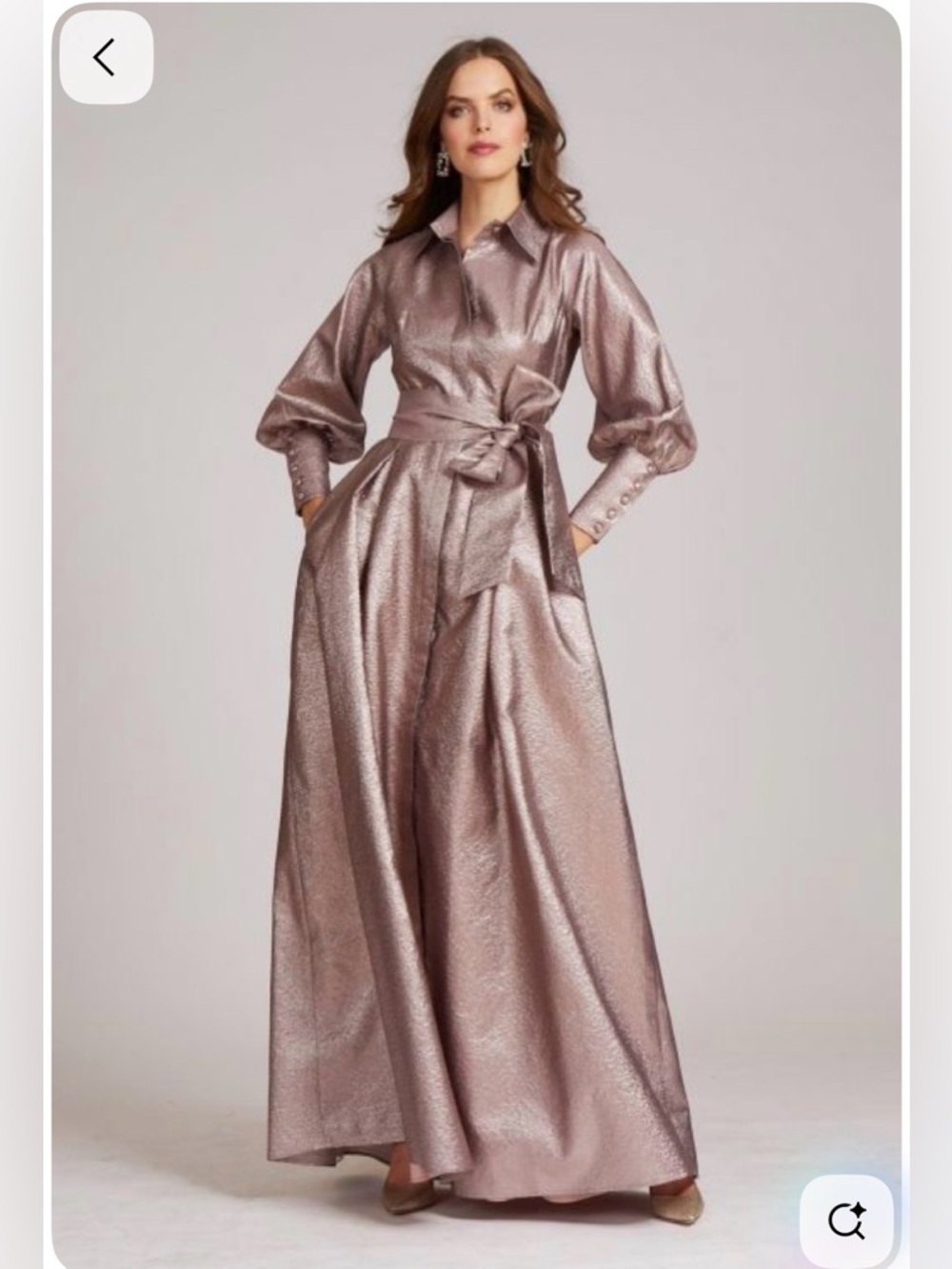 Teri Jon Metallic Jacquard Shirt Gown – Metallic Blush – Size 20 – Showstopper